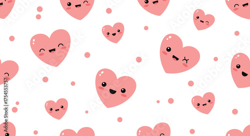 A cute pattern of pink hearts with happy faces scattered across a white background.