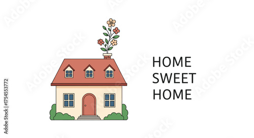A charming little house with flowers growing from the chimney represents home sweet home.