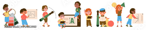 Isolated vector set of kids learning graphic design using digital tools and educational technology