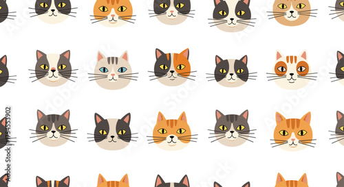 A delightful collection of adorable pixel art cat faces in various patterns.
