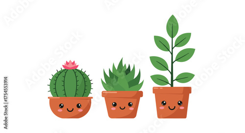 Cute potted plants with smiling faces adorning a white background.