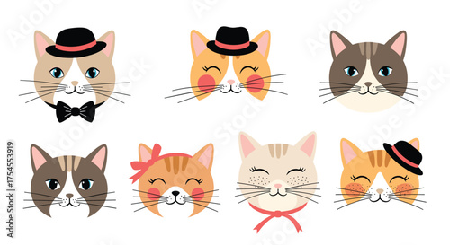 Cute cartoon cats wearing hats and bow ties are depicted.