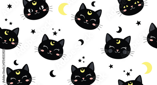 Cute black cats with crescent moons and stars pattern.