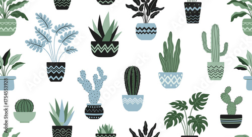 A colorful pixel art pattern of potted houseplants and succulents.