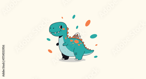 A cute cartoon dinosaur with spots and a cheerful expression.