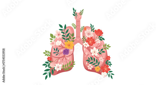 A beautiful illustration of lungs adorned with blooming flowers and green leaves.