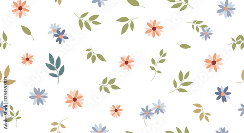 A delightful pattern of small pastel flowers and leaves scattered on a white background.