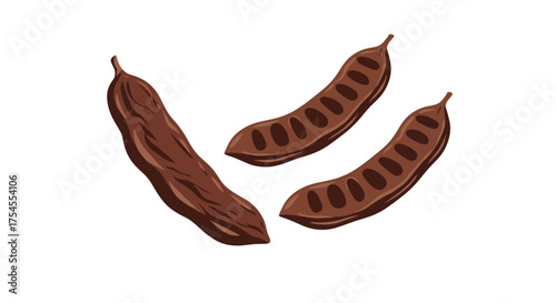 Three ripe carob pods with visible seeds inside each one.