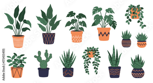 A delightful collection of various potted houseplants in pixel art.
