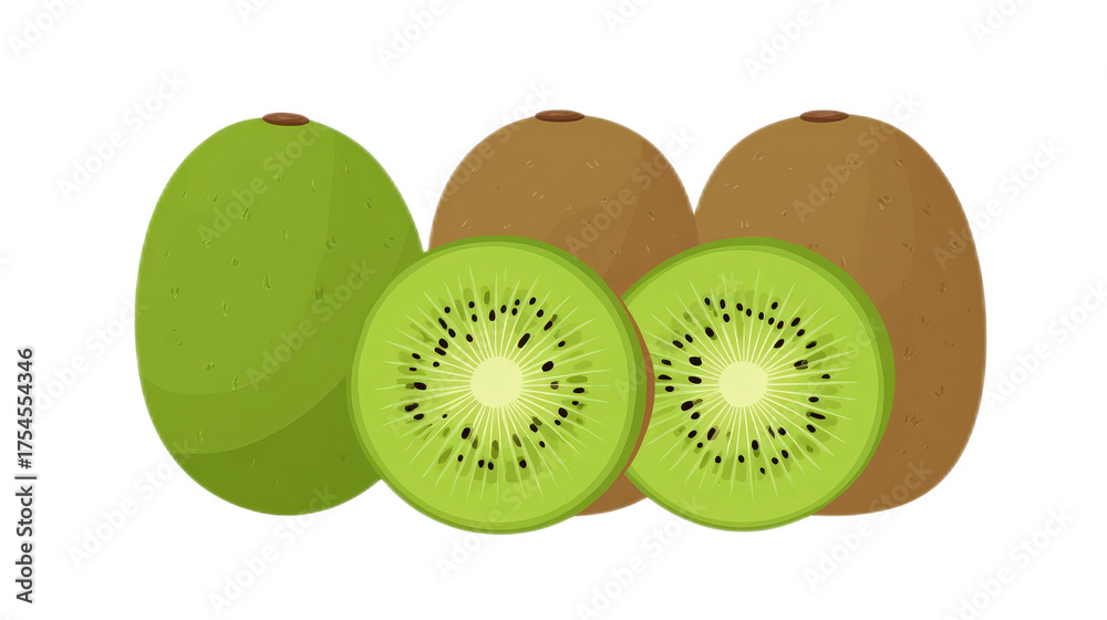 Obraz premium Fresh Whole and Sliced Kiwi in Cross Section on White Background