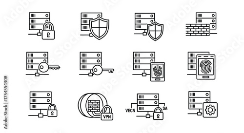 Server security line icons set isolated on white background for your design