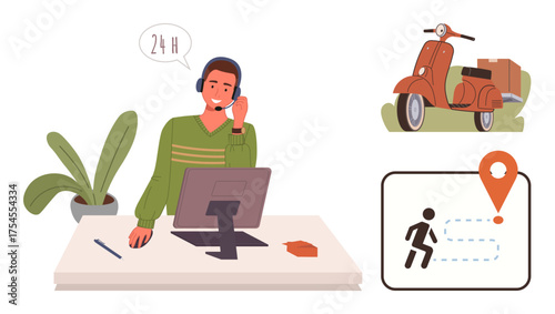 Man with headset at a desk handling delivery queries. Background features a classic scooter, step-by-step map with destination marker. Ideal for logistics, customer service, delivery tracking, remote