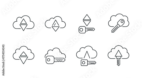 Cloud data security line icons set isolated on white background for design