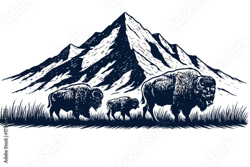 Black and white silhouette sketch of a father mother and baby bison standing before mountains showing wildlife family unity and natural beauty perfect for outdoor designs rustic logos and nature inspi