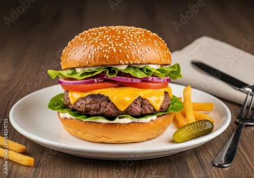 Wallpaper Mural Cheeseburger with Lettuce, Tomato, Onion, and French Fries Torontodigital.ca