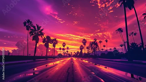 Palm trees at sunset, their colors blending across the sky in shades of pink, golden yellow, and purple, in a video with smooth, continuous motion.