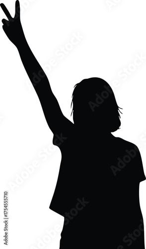 Silhouette of a person raising their arm with two fingers extended in a peace sign against a white background.
