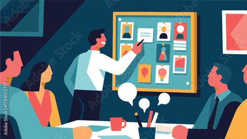 Illustration Of An Employee Using A Specialized Communication Board Or Picture Exchange System To Convey Ideas During A Brainstorming Session Vector Design Template