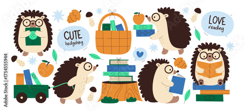 Cute charming hedgehog bookworms hand drawn characters with books love reading literature set