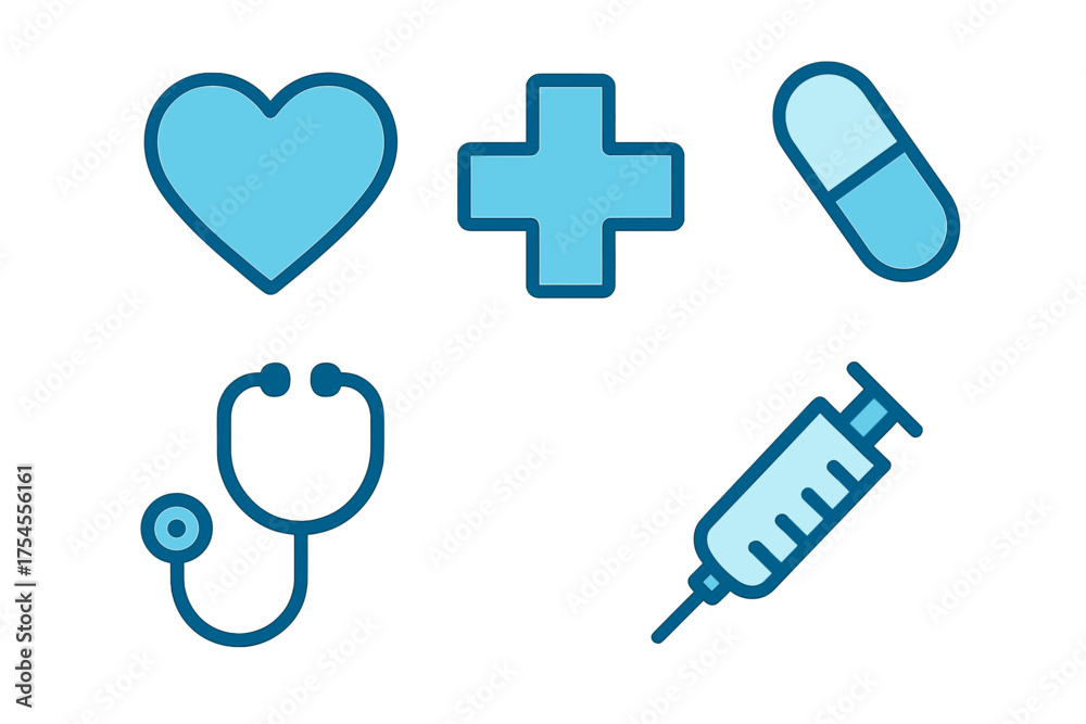 Obraz premium Essential medical icons set featuring heart, cross, capsule, stethoscope, and syringe