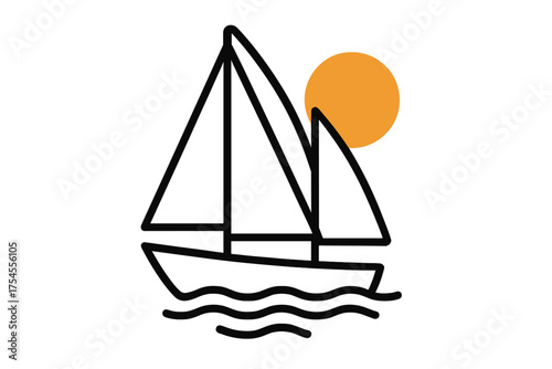 Minimalist outline of a sailboat navigating ocean waves under a bright orange sun
