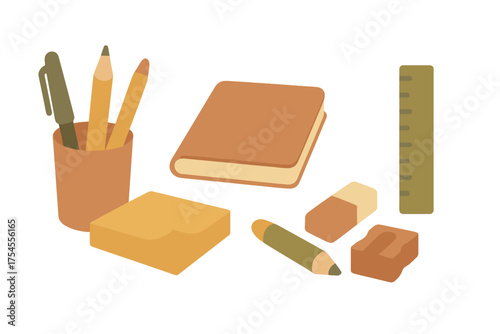 Collection of essential school and office supplies including pencils, notebook, ruler, and sharpener