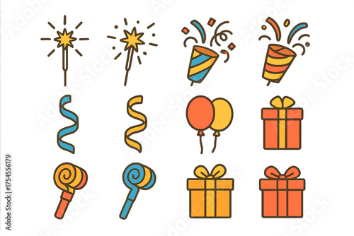 Assortment of festive celebration elements like bright sparklers, wrapped presents, party poppers, and colorful balloons