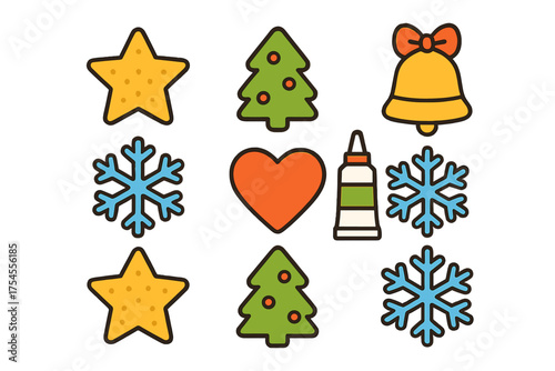 Colorful festive holiday symbols including stars, Christmas trees, snowflakes, a bell, and a heart