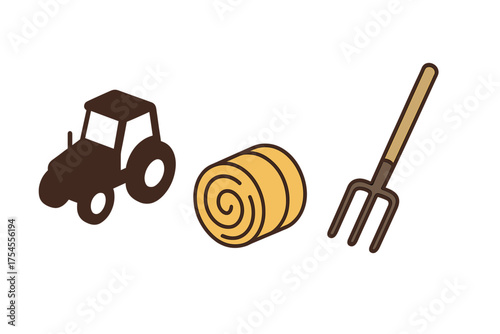 Farm equipment and harvest symbols including a tractor, round hay bale, and pitchfork isolated on white