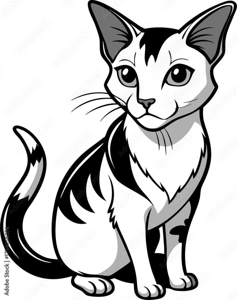 Fototapeta premium Cat with torn ear, Vector line art icon, Black And White white background 
