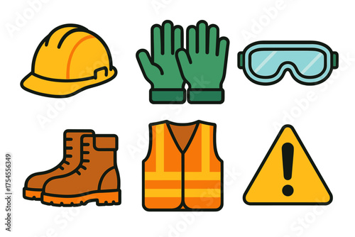Personal protective equipment including hard hat safety gloves goggles boots and vest