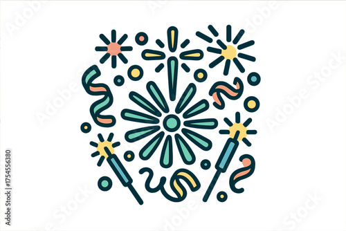 Colorful festive explosion of fireworks and sparklers with curling ribbons and confetti dots