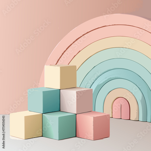 Geometric Composition of Pastel Color Blocks and Rainbow Stacker on Pink Background
