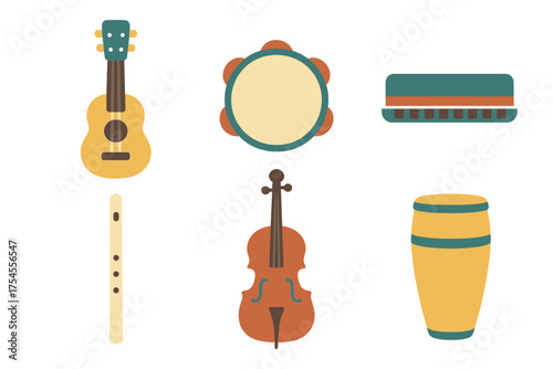 Diverse musical instruments set including strings percussion and wind instruments