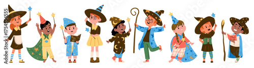 Happy cute children cartoon character wearing wizards costume, hats holding wands making magic set