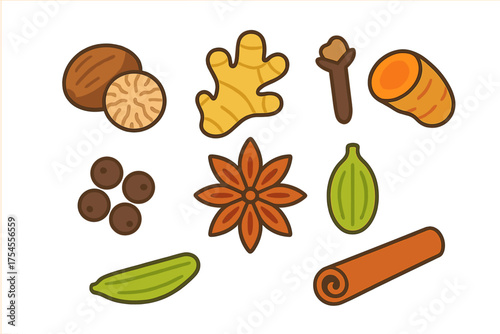 Assortment of aromatic cooking spices including nutmeg ginger turmeric star anise and cinnamon stick