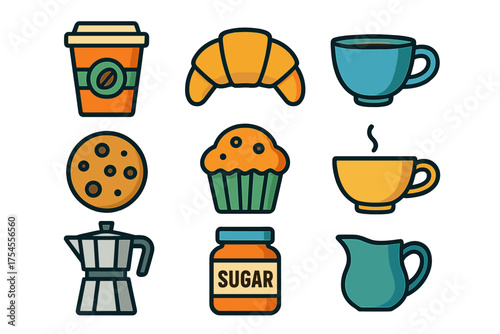 Set of breakfast food and hot drink items including coffee cups, croissant, muffin, and sugar