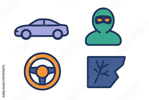 Symbols of automotive crime: car, masked thief, steering wheel, and broken window glass