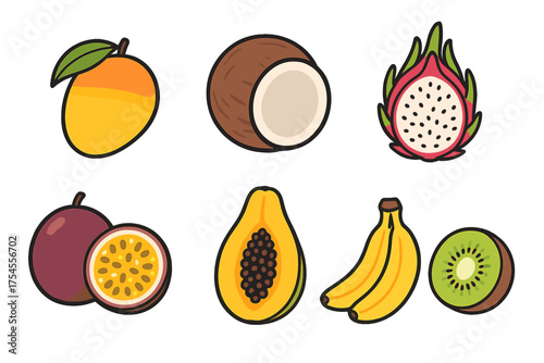 Fresh tropical and exotic fruits collection including mango, coconut, dragon fruit, passion fruit, papaya, banana, and kiwi