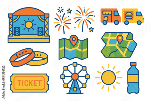 Colorful set of symbols for music festival elements: stage, fireworks, food trucks, map, and ticket