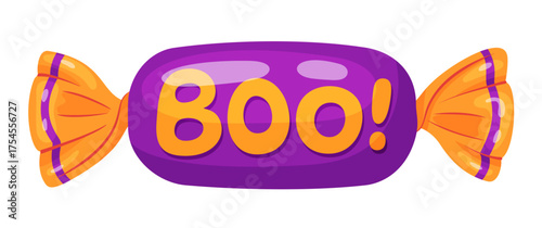 Halloween candy Boo! in bright wrapping. flat vector style. festive decorative candy. Halloween, spooky October holiday. trick or treat night. for project, party invitation, poster, greeting card