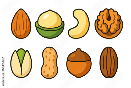 Collection of eight different types of nutritious nuts and seeds including almond cashew walnut peanut and pistachio