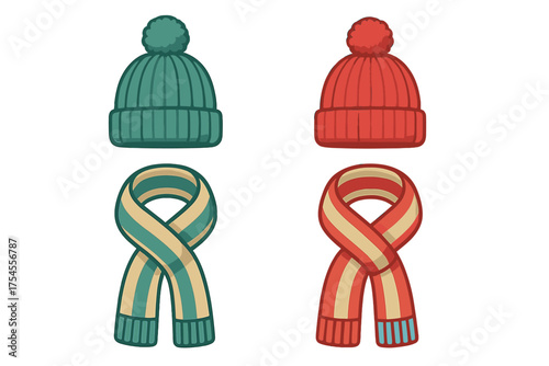 Collection of colorful knitted winter hats and striped scarves for cold weather apparel