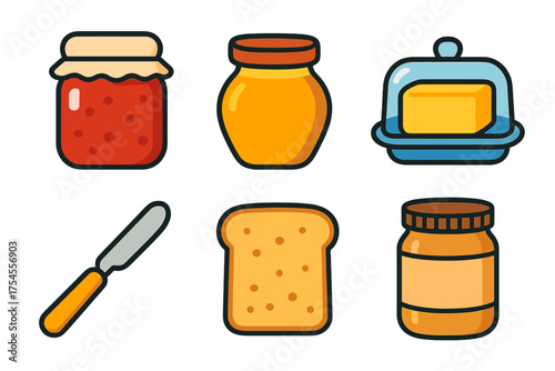 Set of breakfast spreads and ingredients including jam, honey, peanut butter, butter, and toast