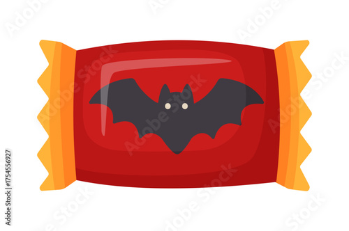 Halloween candy with bat in bright wrapping. flat vector style. festive decorative candy. Halloween, spooky October holiday. trick or treat night. for project, party invitation, poster, greeting card,