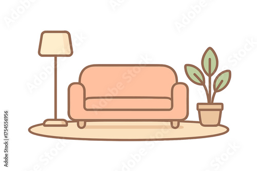 Cozy living room interior with comfortable sofa, floor lamp, and potted houseplant on a rug