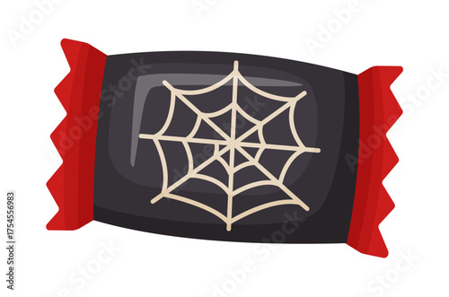 Halloween candy with cobweb in bright wrapping. flat vector style. festive decorative candy. Halloween, spooky trick or treat night. for project, party invitation, poster, greeting card, sticker.