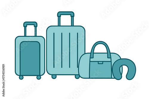 Essential travel luggage set featuring two rolling suitcases, a duffel bag, and a comfortable neck pillow