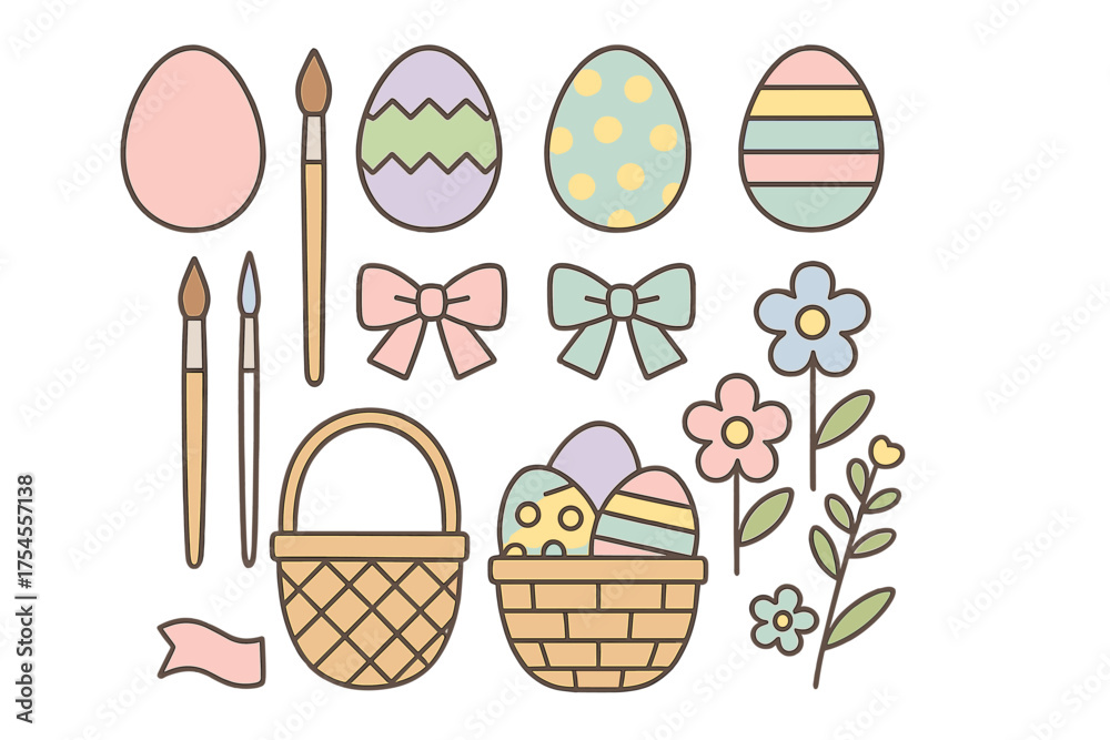 Fototapeta premium Collection of pastel Easter eggs, baskets, paint brushes, bows, and spring flowers