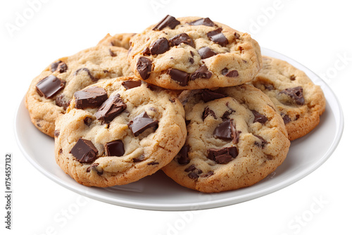 Pile of delicious chocolate chip cookies on a white plate isolated on a transparent background sweet